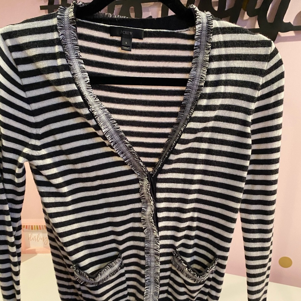 J Crew striped cardigans with fringe trim